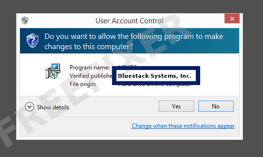 Screenshot where Bluestack Systems, Inc. appears as the verified publisher in the UAC dialog